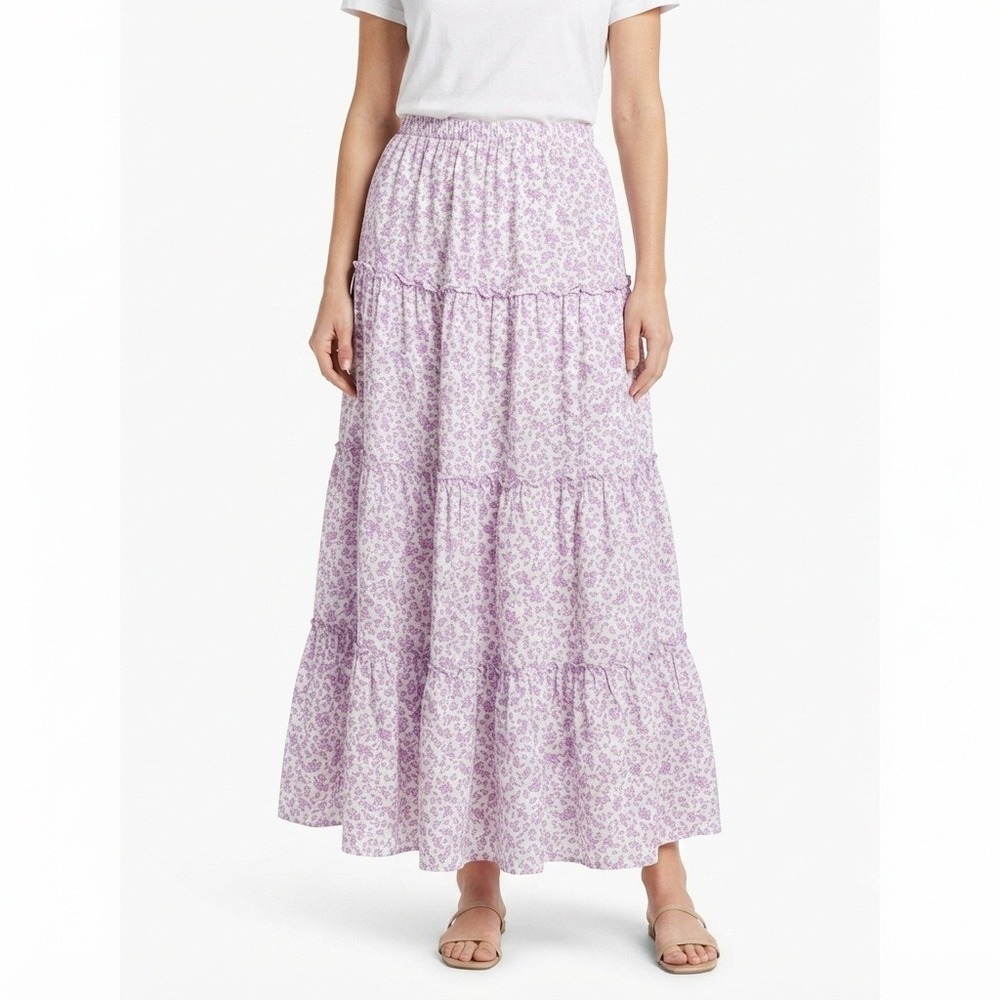 Art Class Skirt Womens XL Purple Floral Tiered Maxi Elastic Waist Boho Ruffle